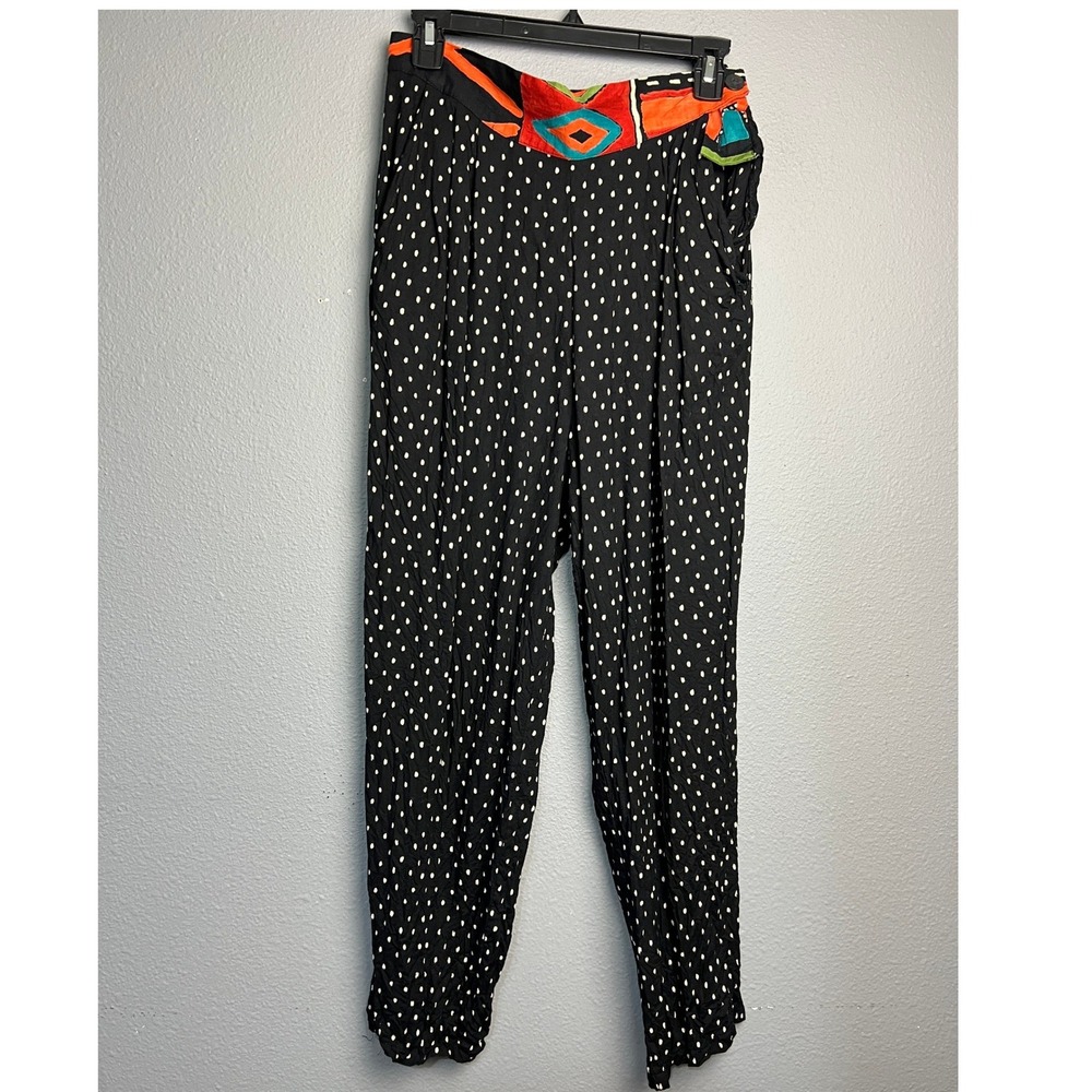 Ali Miles Black Flowy Polka Dot Tapered Rayon Pants High Waist Tribal Trim Sz 10